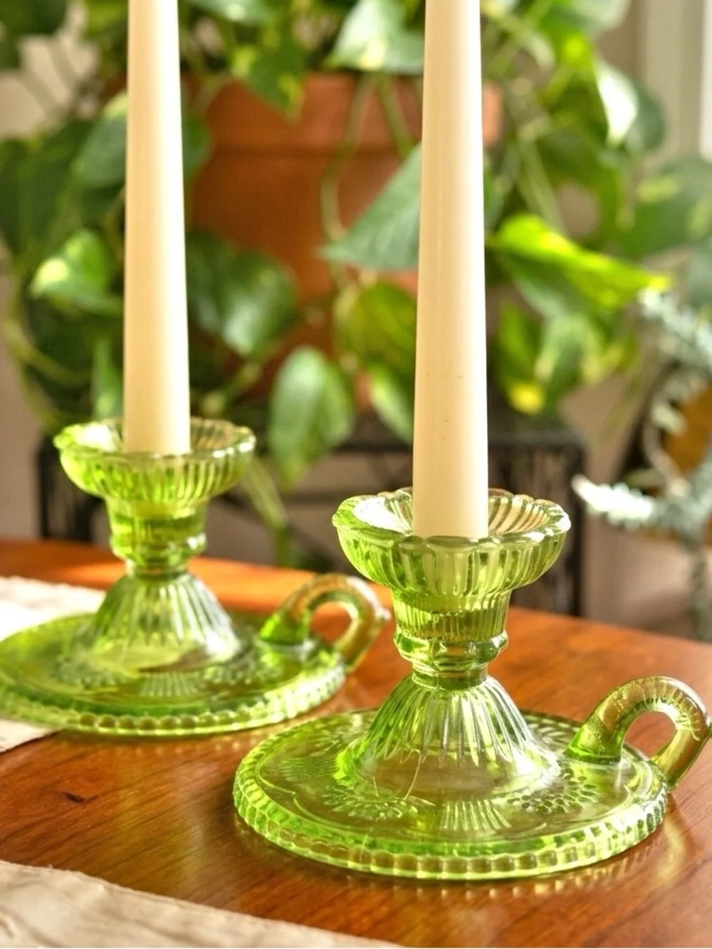 Pier 1 Imports Green Pressed Glass Chambersticks Taper Candlestick Holders Set 2